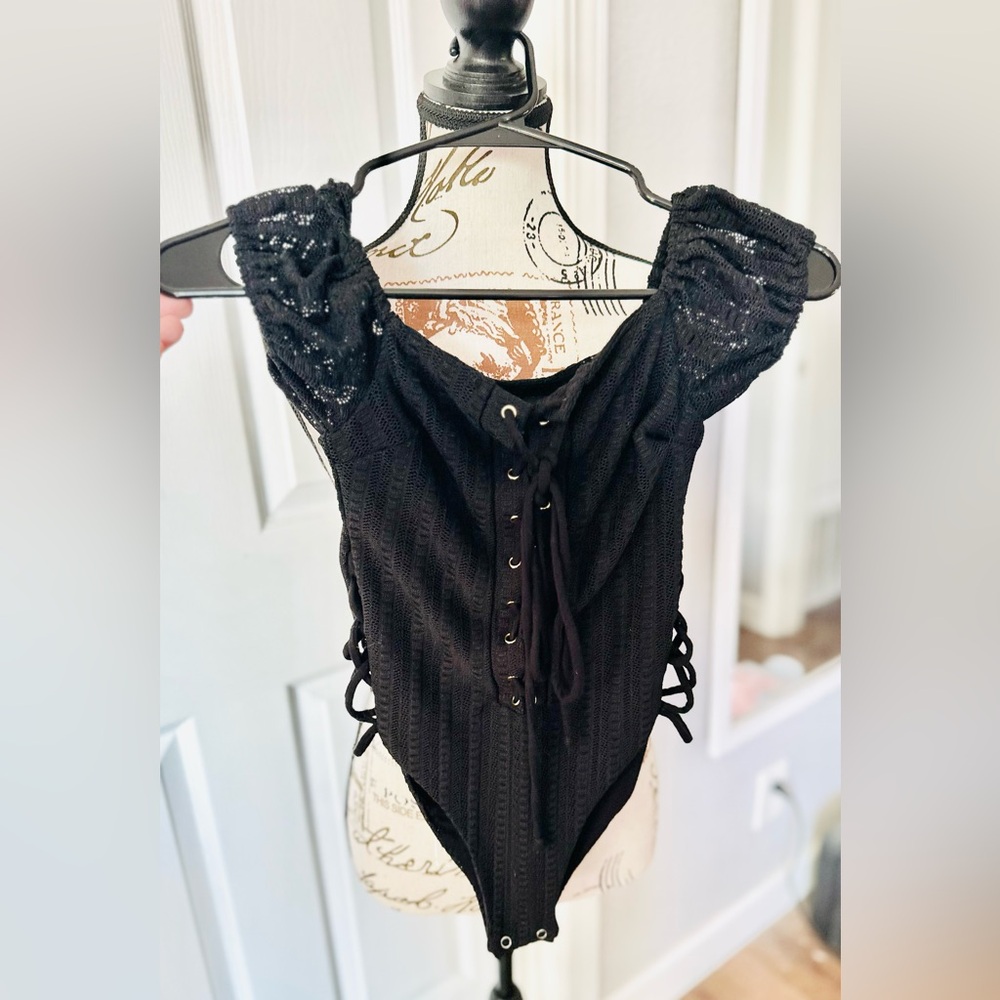 Olivaceous Black Lace-Up Bodysuit